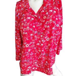 Christopher and Banks Size XL Women's Floral 3/4 Sleeve Red Button Down Top